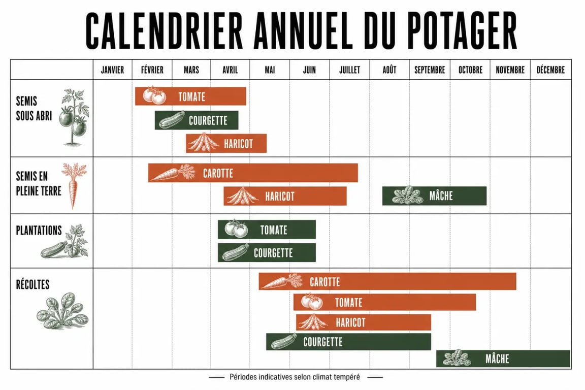 Calendrier des plantations potager mois par mois avec semis, plantations et récoltes au jardin