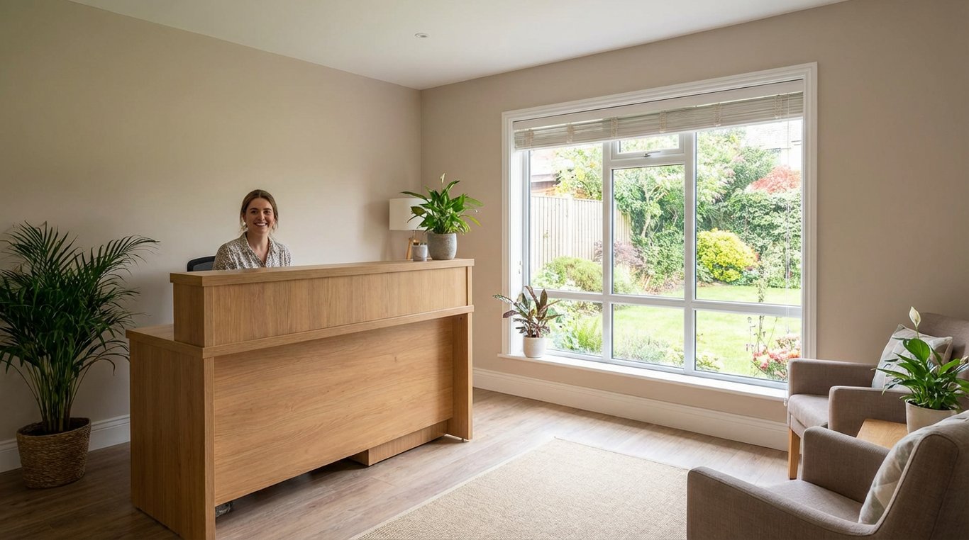 Photographie abstraite d'un téléphone de bureau moderne sur un bureau blanc vide
