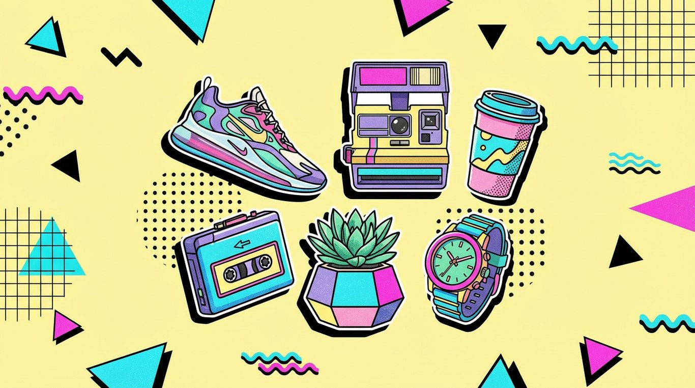 Composition style Memphis design avec objets lifestyle modernes