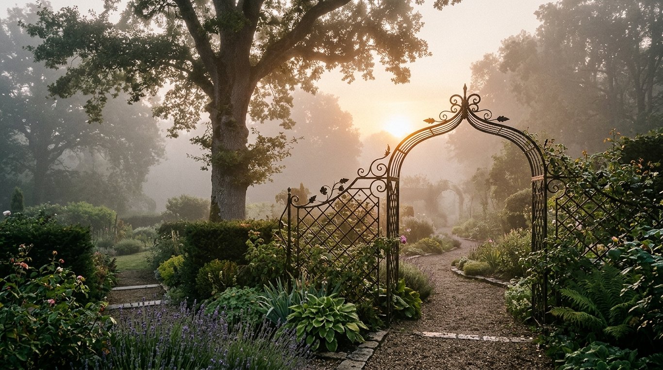 Jardin brumeux avec lumière dorée et silhouettes d'arbres, ambiance luxueuse et dramatique.