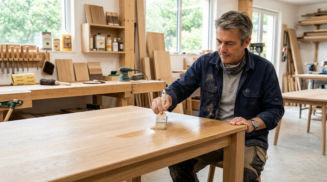 Olivier, artisan du bois, appliquant une finition à l’aide d’un chiffon sur une pièce.