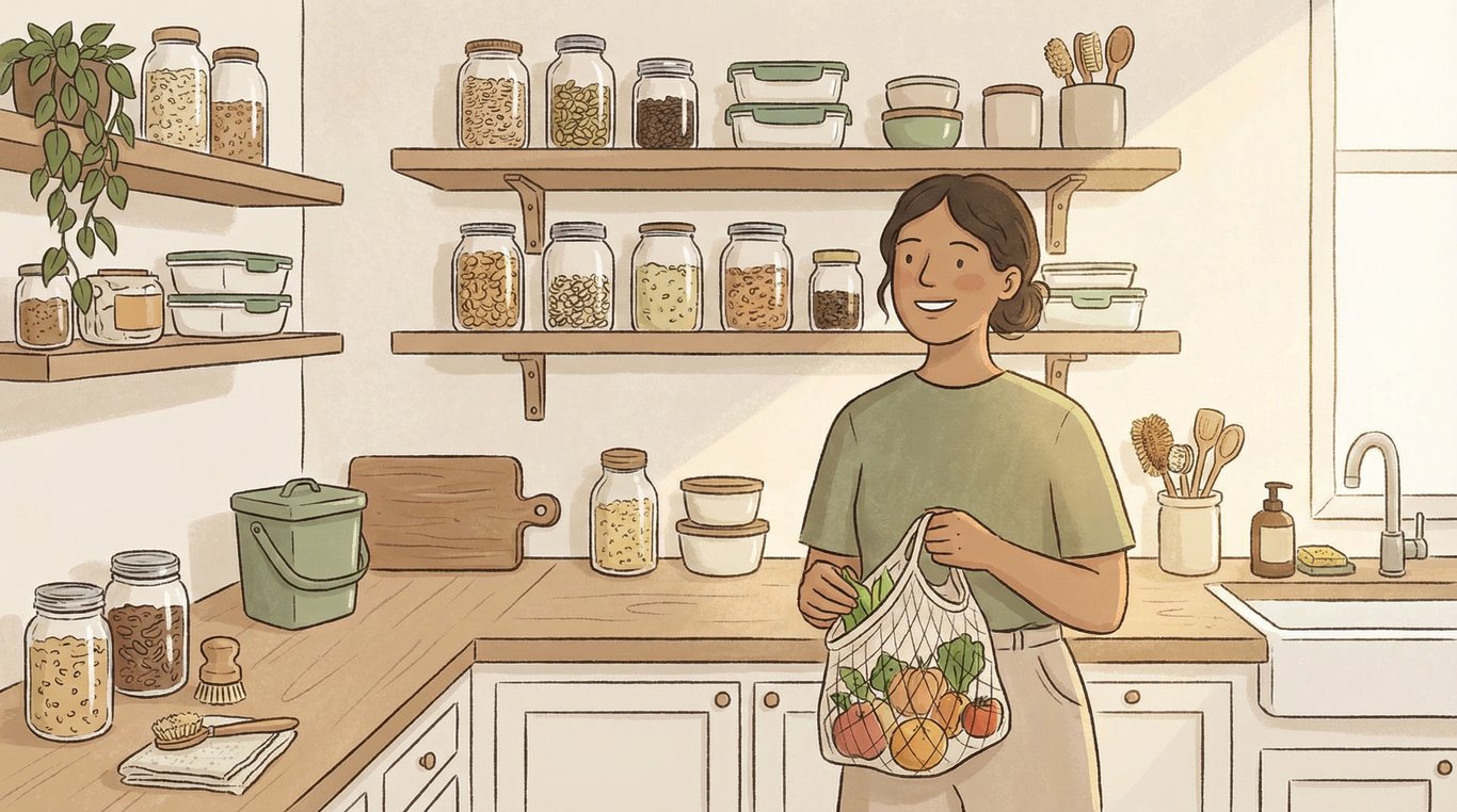 Bocaux en verre remplis de graines et pâtes, posés sur une étagère en bois brut, illustration douce et lumineuse