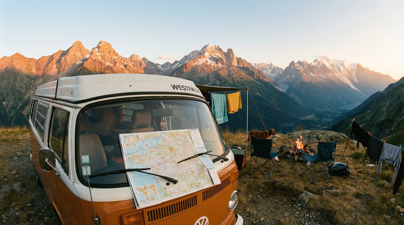 Van aménagé face aux Alpes au coucher du soleil