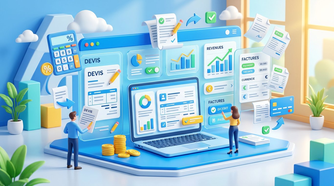 Aperçu 3D d'un tableau de bord financier et de documents de facturation