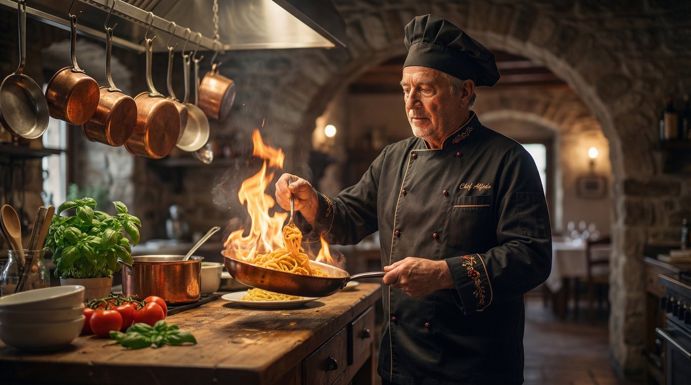 Portrait élégant du Chef Alfedo en tenue de cuisine, regard intense
