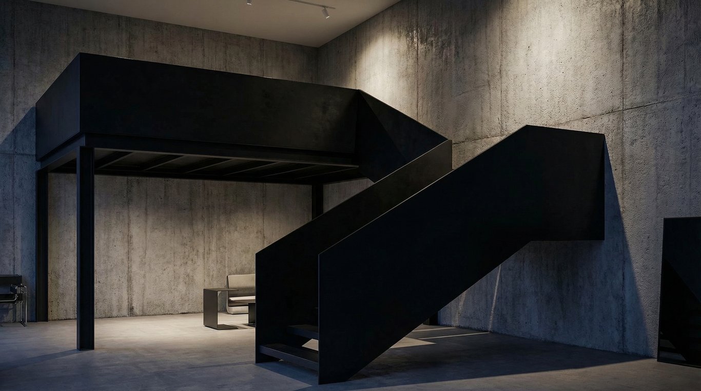 Vue en perspective du gratte-ciel noir sur fond rose vif, éclairage studio