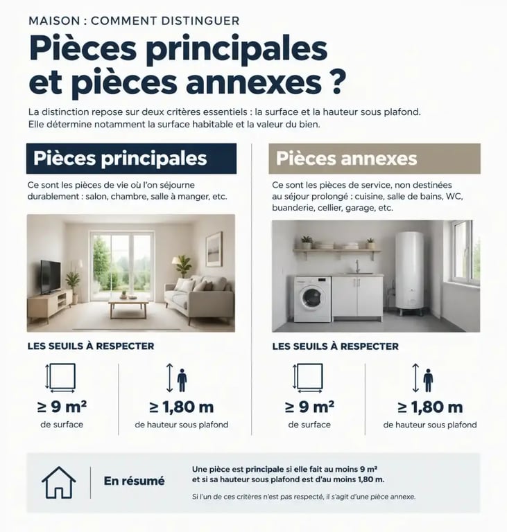 Schéma explicatif des pièces d'une maison et critères de surface pour une pièce principale