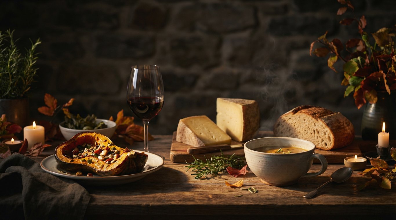 Composition artistique d'ingrédients bruts : tomates San Marzano, farine, œufs frais et basilic disposés sur une table en bois rustique, lumière naturelle