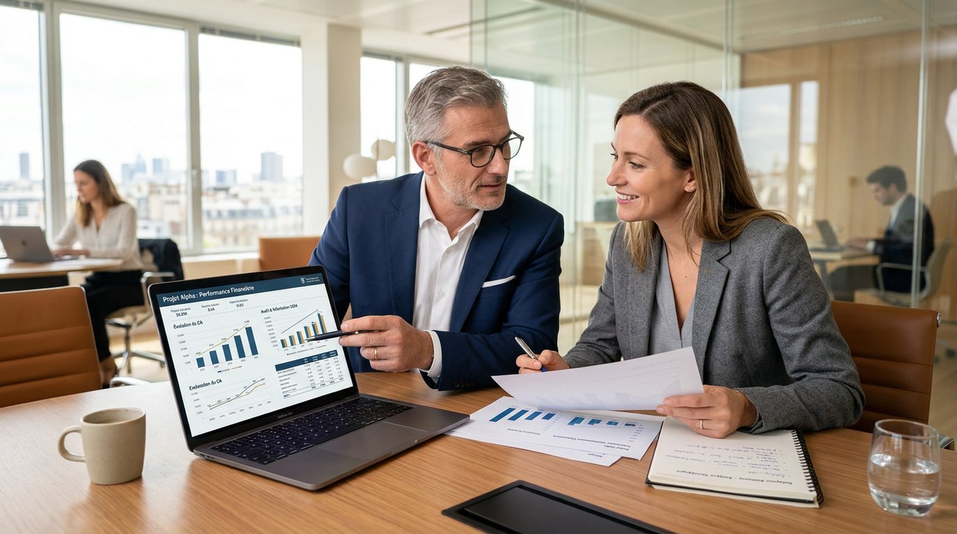 Documents et graphiques illustrant une analyse financière structurée pour la transmission d'entreprise.