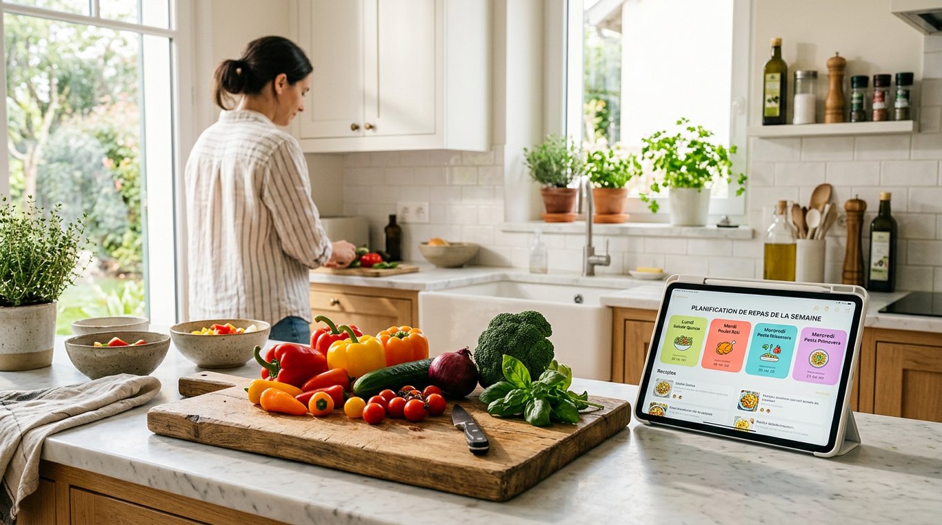 Cuisine claire et aérée avec des ingrédients frais sur une planche à découper en bois, une tablette moderne montrant une interface de planificateur de repas, éclairage naturel.