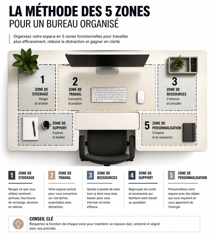 Infographie de la méthode des 5 zones pour organiser un bureau et améliorer sa productivité