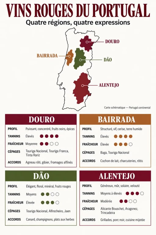 Infographie comparative des régions de vin portugais rouge : Douro, Alentejo, Dão et Bairrada
