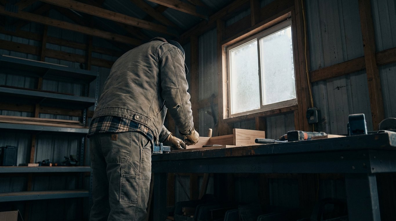 Vêtements de la collection L'Ouvrier : vestes de travail, pantalons robustes et chemises en flanelle