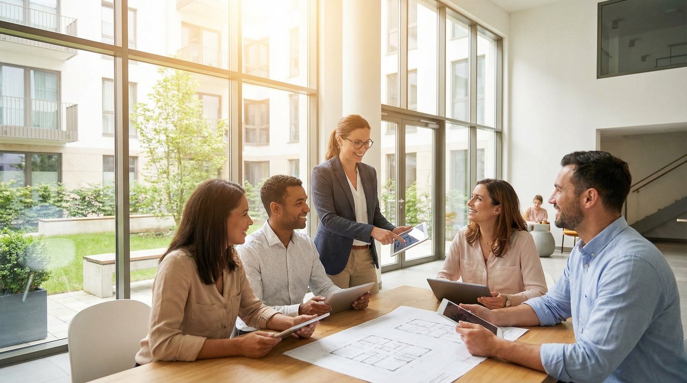 Une salle de réunion moderne et lumineuse, des professionnels en discussion autour de plans d'architecte, ambiance sérieuse et collaborative.