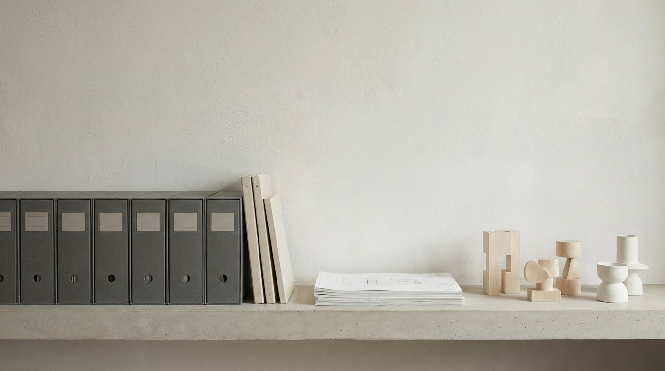 Collection de brochures et magazines disposés géométriquement sur une table grise