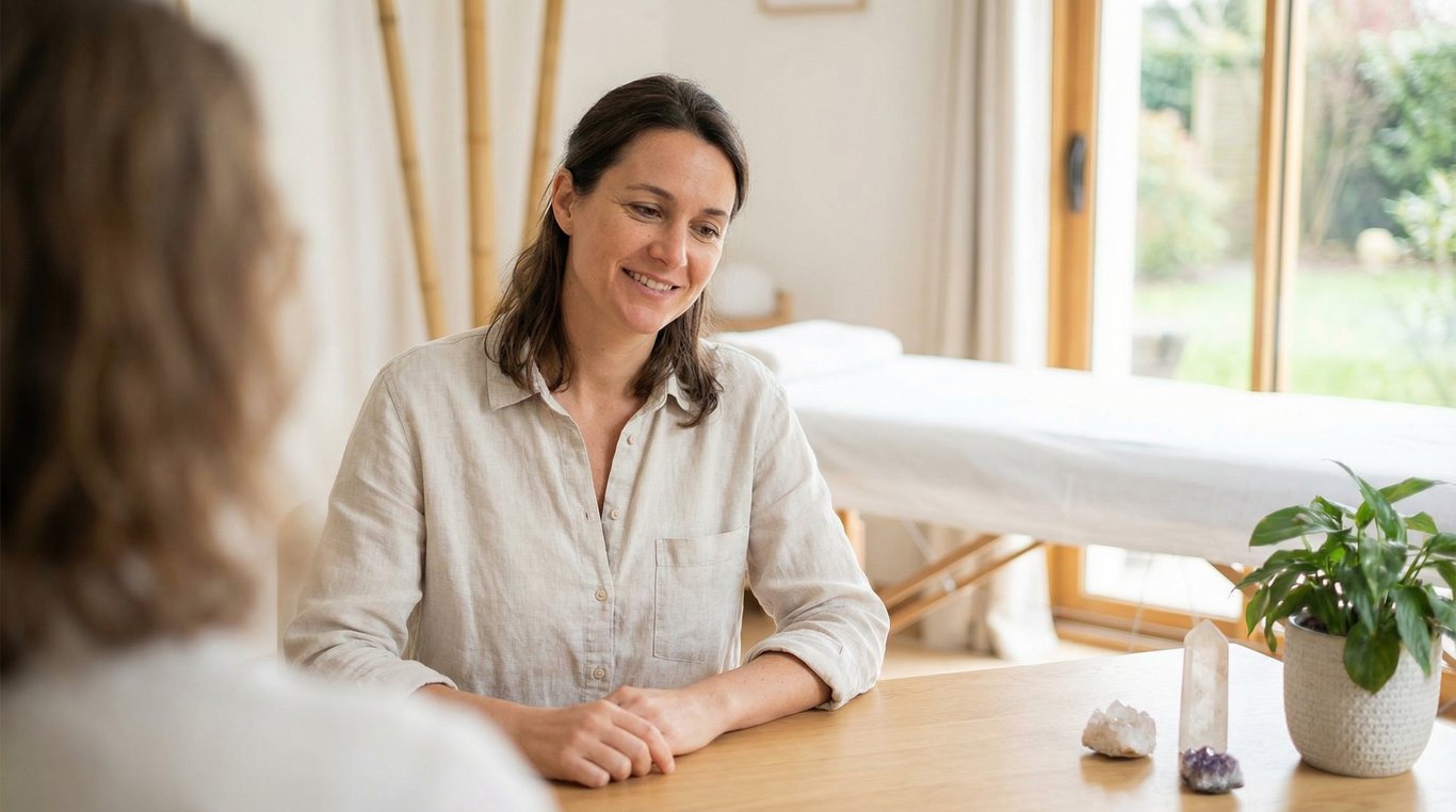 Marie Dupont, praticienne Reiki, souriante entourée de verdure