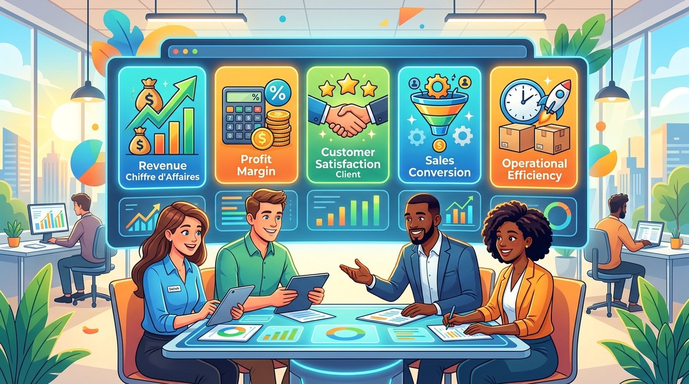 Illustration de widgets de tableau de bord avec jauges, pourcentages et flèches de croissance.