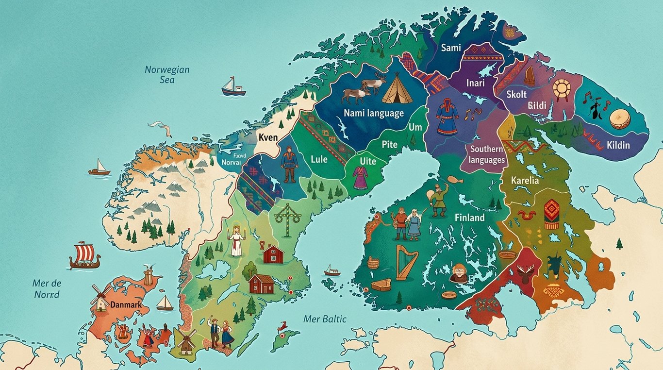 Carte illustrée de la Scandinavie avec zones culturelles et linguistiques
