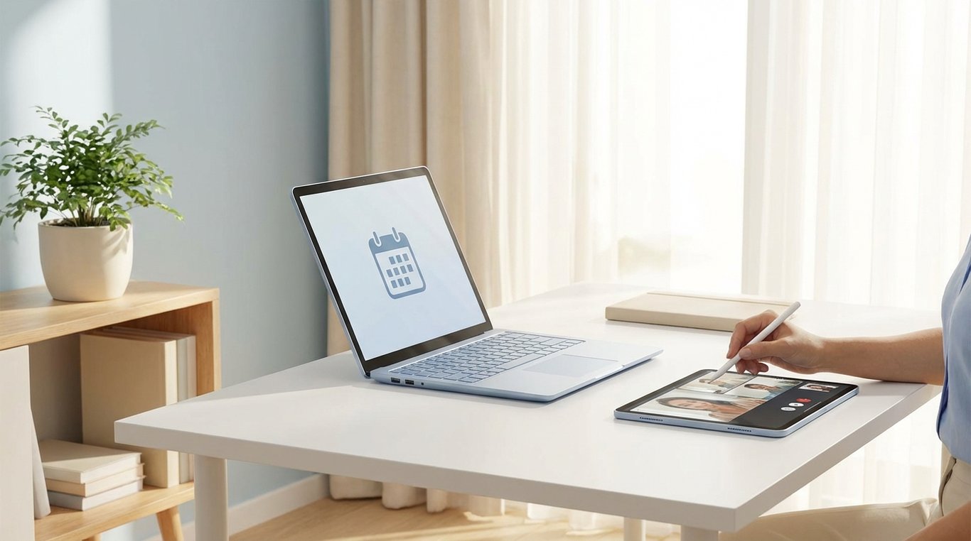 Bureau propre et lumineux avec laptop affichant l'interface Signaux Doux, plante verte et tasse de café, ambiance sereine