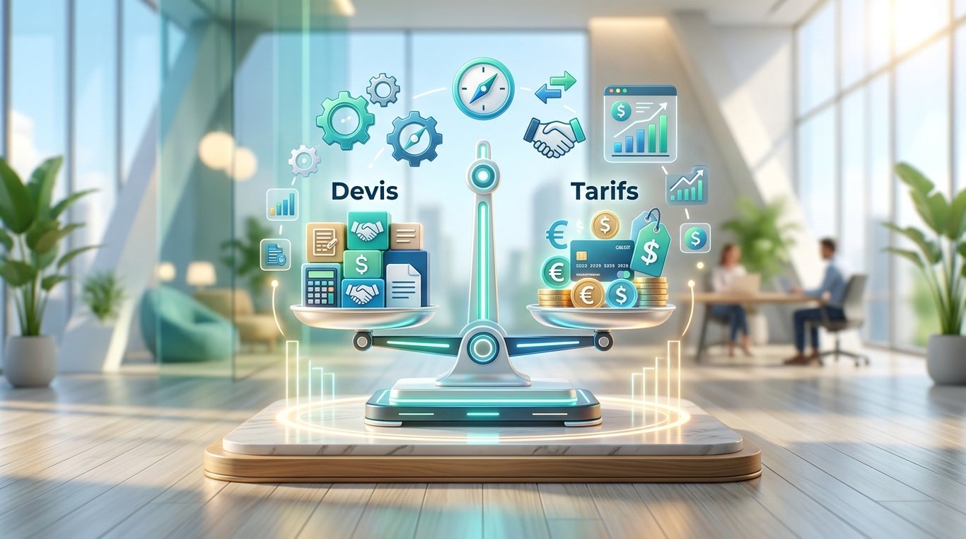 Illustration 3D illustrant un comparatif de tarifs et la rentabilité des devis sur Balance Devis