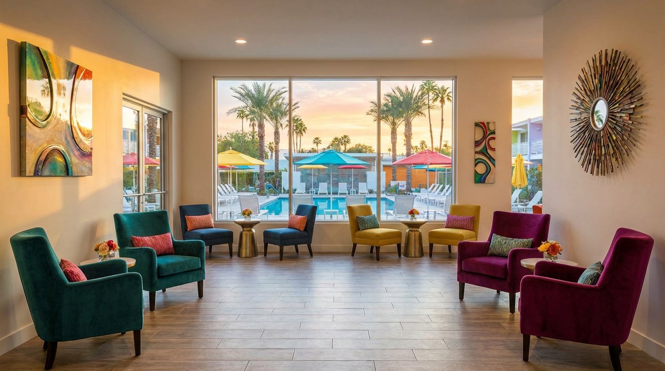 Chambre d'hôtel moderne avec lit king size et vue sur piscine