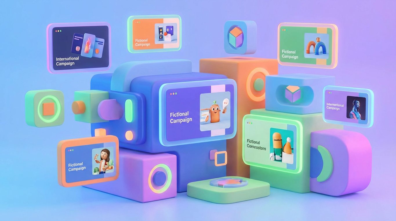 Trophée abstrait en verre et métal avec reflets néon vert entouré de pourcentages positifs en 3D