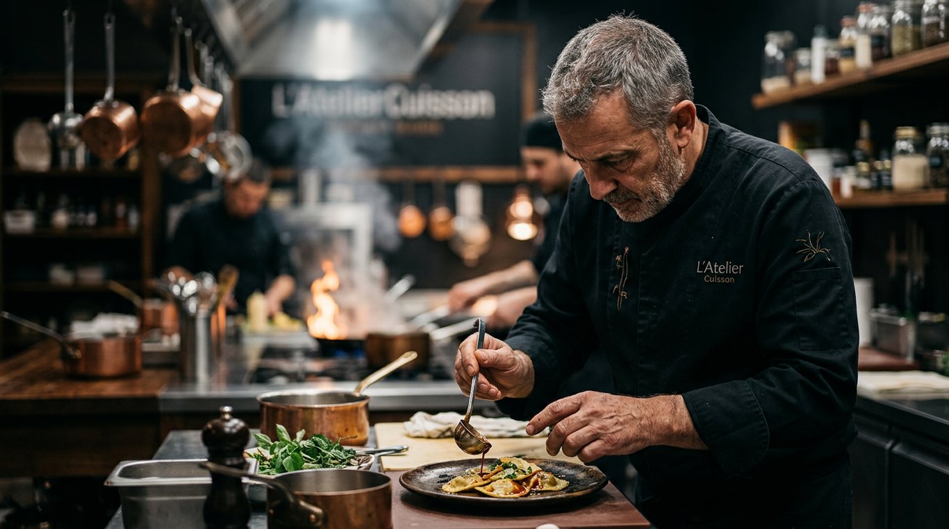 Chef principal en tablier en cuir, souriant dans une cuisine professionnelle