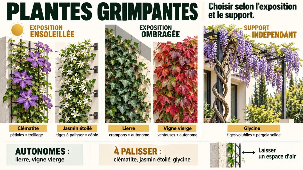 Plantes grimpantes liste selon l’exposition, le mode de grimpe et le support