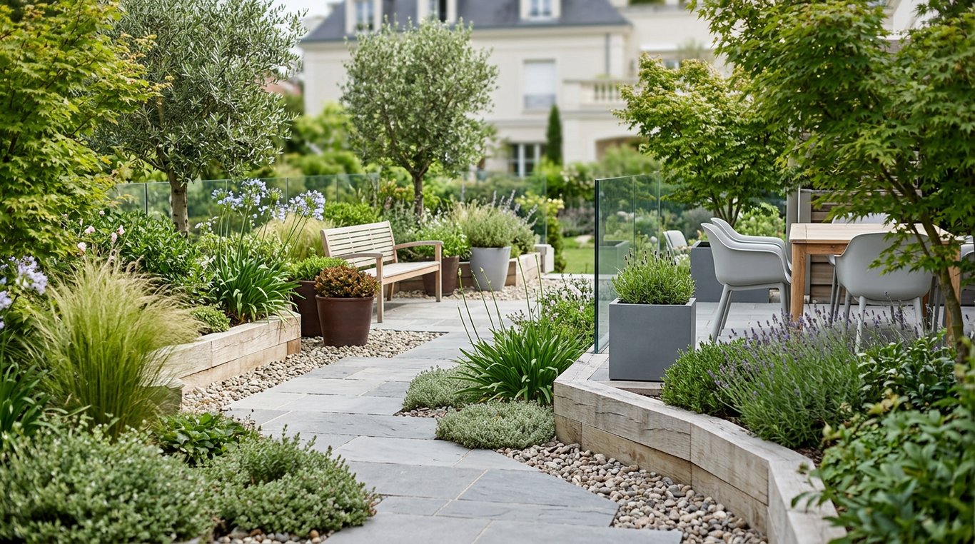 Terrasse végétalisée contemporaine avec zones de circulation et matériaux sobres