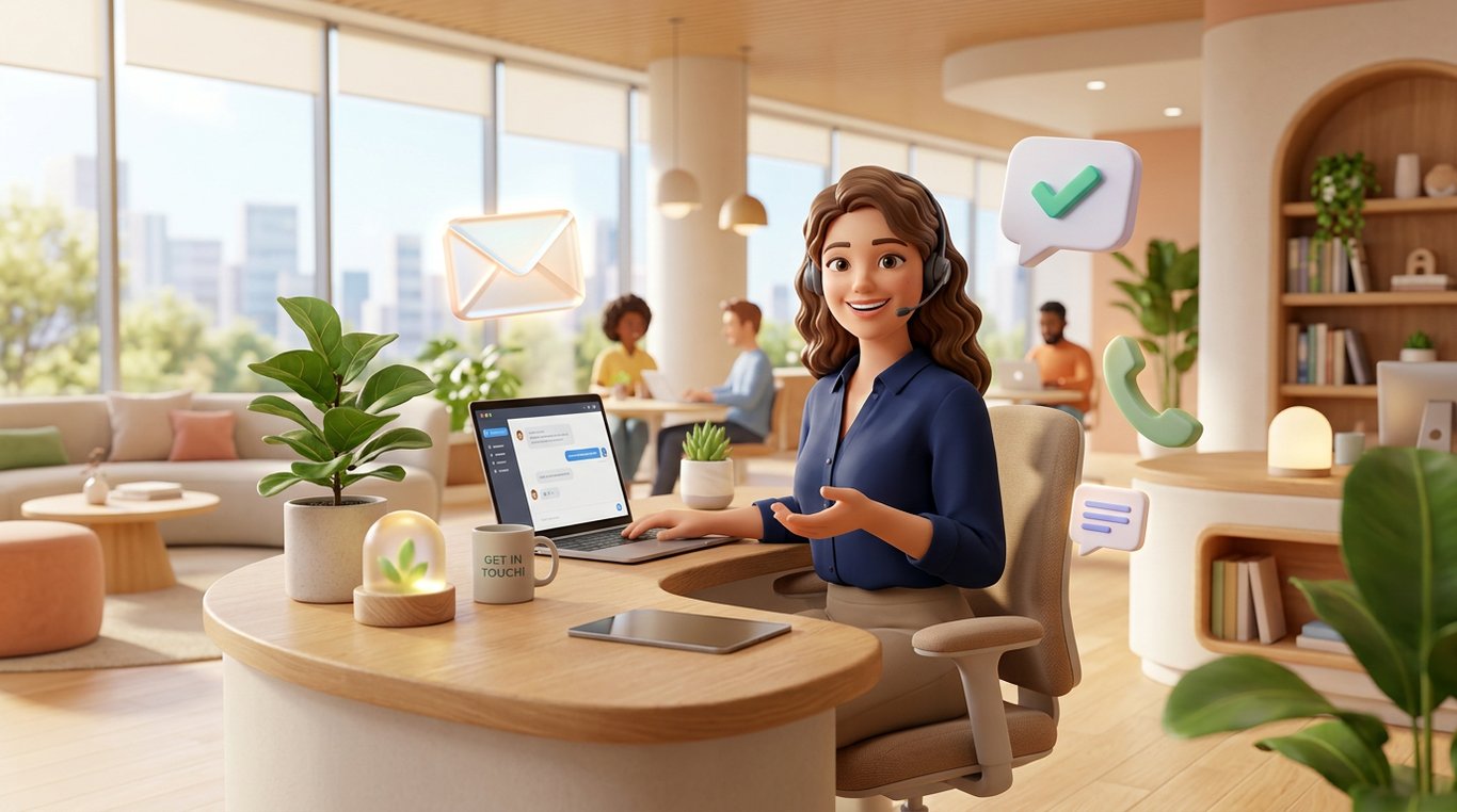 Illustration 3D moderne représentant le contact et l'assistance StapleBook