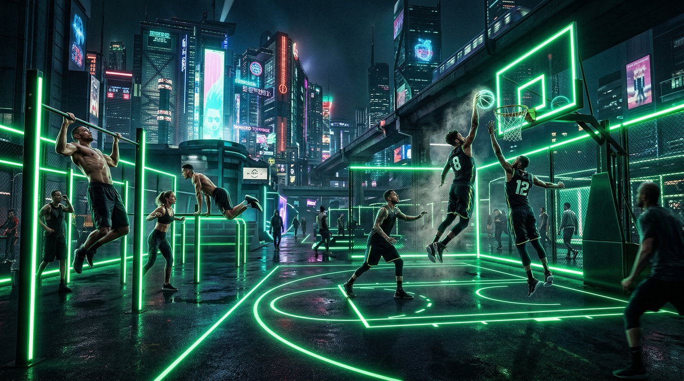 Terrain de sport urbain futuriste la nuit