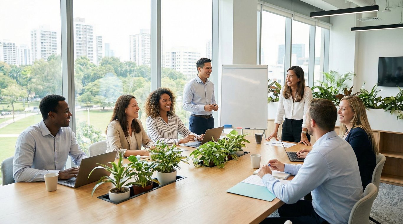 Une personne souriante travaillant sur un ordinateur portable dans un café lumineux, tapant un CV ou une lettre de motivation.