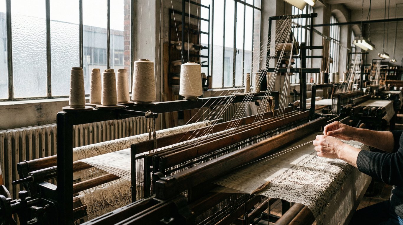 Gros plan artistique d'une main âgée guidant un fil de dentelle blanche complexe sur une machine à tisser noire industrielle