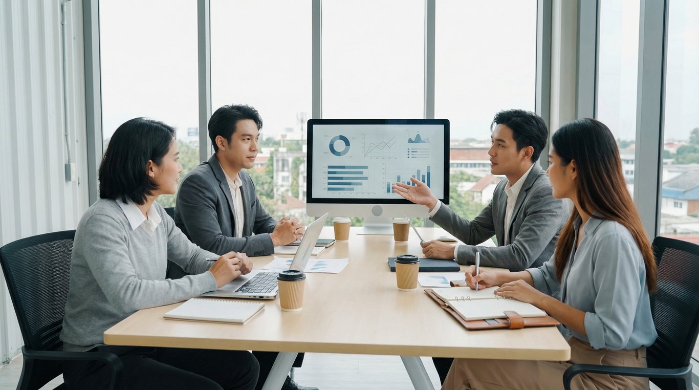 Close-up sur des mains professionnelles travaillant sur une tablette numérique avec des graphiques de données financières, environnement de bureau flou en arrière-plan