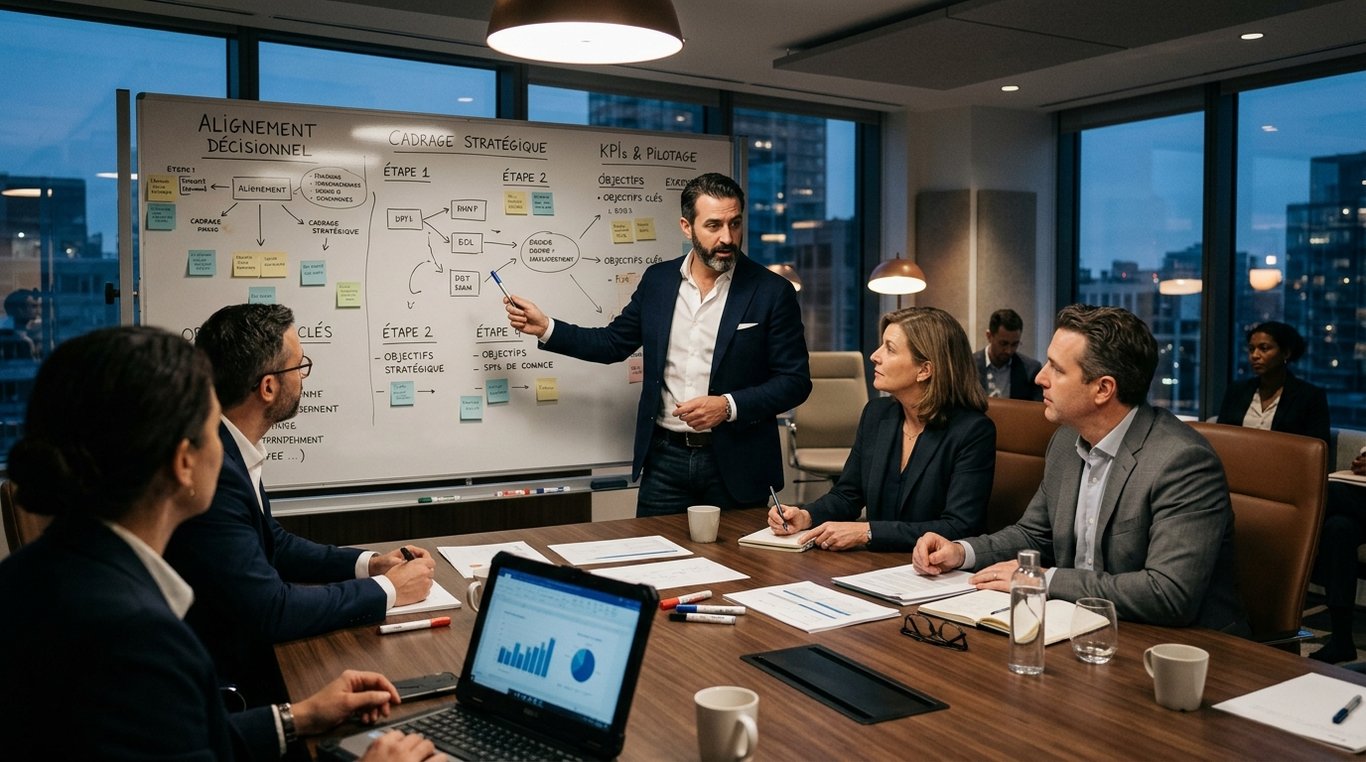 Atelier stratégique avec des dirigeants autour d'indicateurs et de plans de transformation.