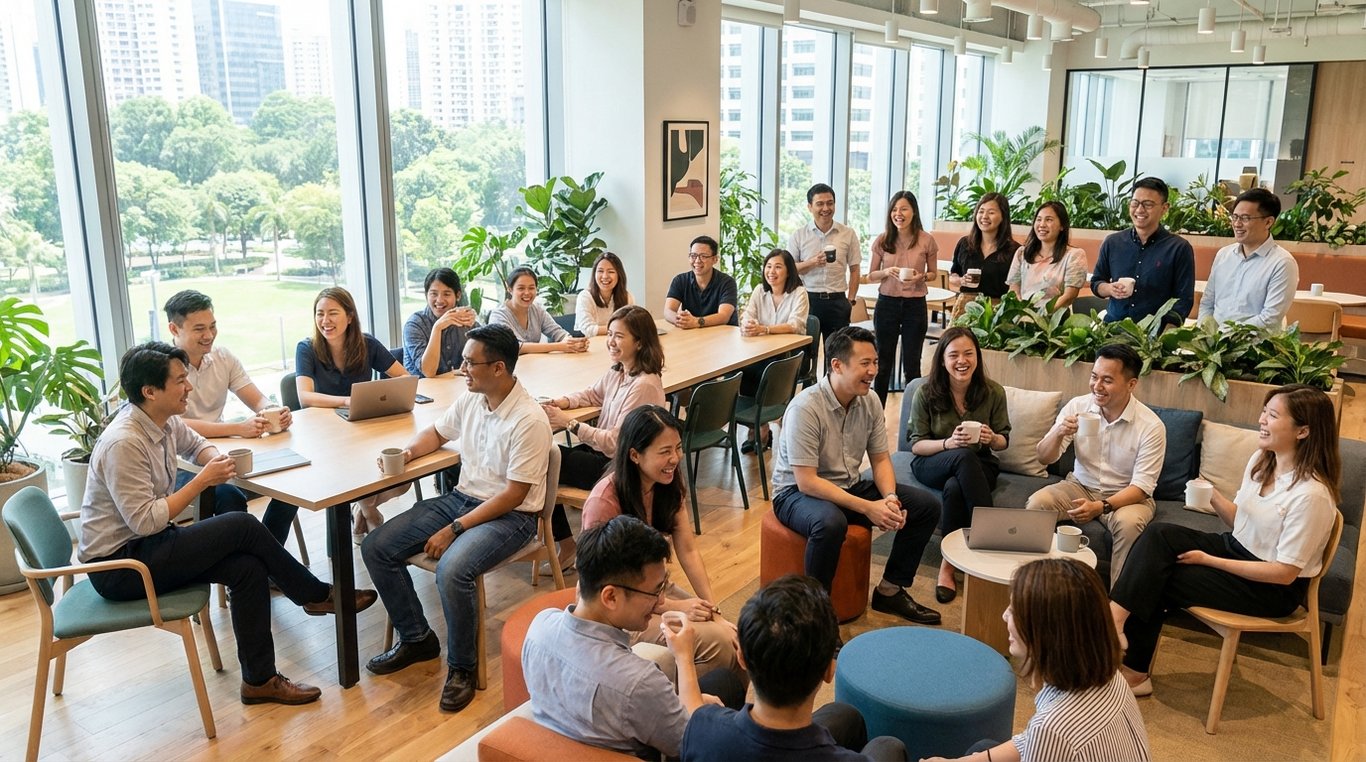Équipe de praticiens souriants dans le hall d'accueil du centre