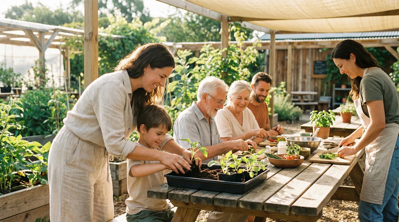 Parents et bébés participant à un atelier de bien-être en cercle sur des tapis de yoga, ambiance sereine et bienveillante