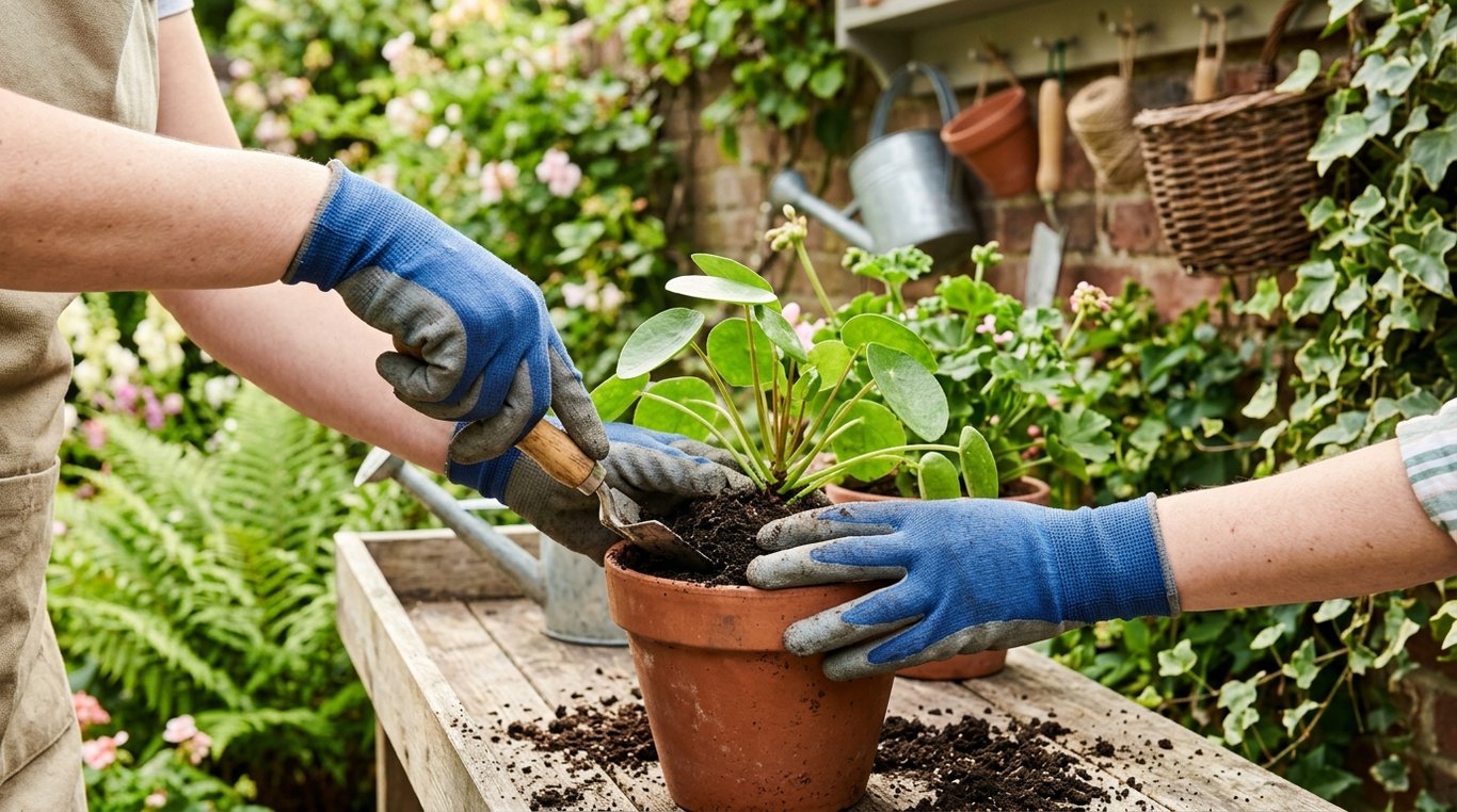 Ensemble de gants de jardinage en cuir et toile, prêt pour le rempotage