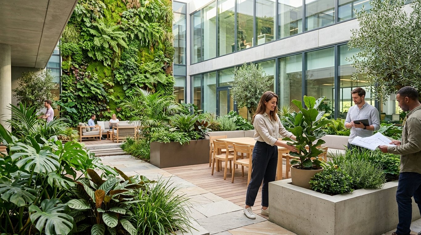 Un salon baigné par la lumière dorée du soleil, aménagé avec des meubles naturels et une collection de plantes d’intérieur florissantes.