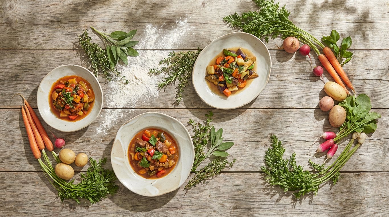 Table en bois brut avec plats mijotés et lumière naturelle