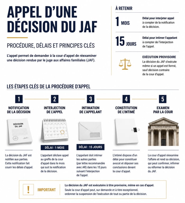 Infographie des délais et procédures pour faire appel d'une décision JAF