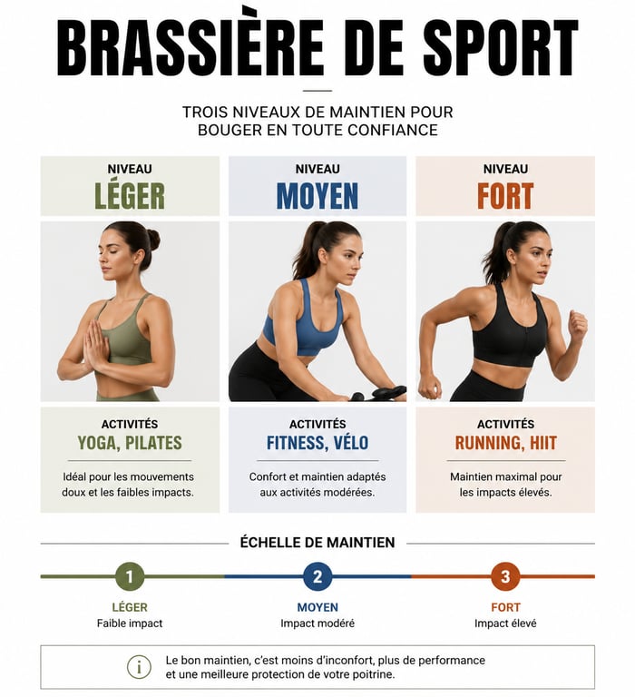 Infographie des trois niveaux de maintien des brassières de sport pour femme selon l'activité physique