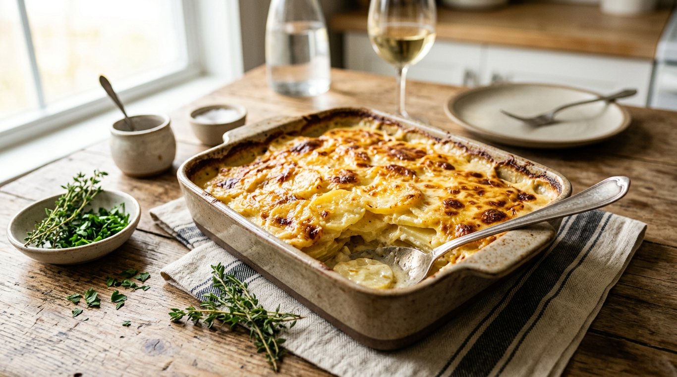 Plat de gratin dauphinois doré avec une cuillère