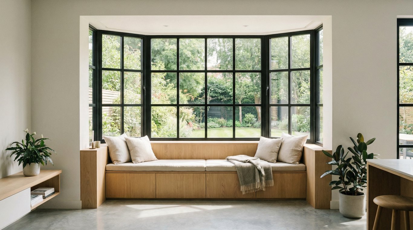 Fenêtre en oriel moderne avec structure acier noir et banquette chêne