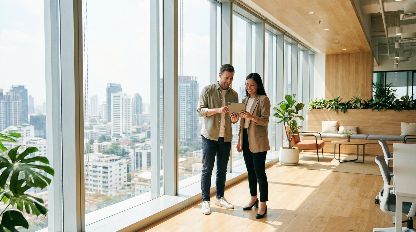 Un entrepreneur confiant et souriant regardant une tablette avec son expert-comptable dans un bureau moderne