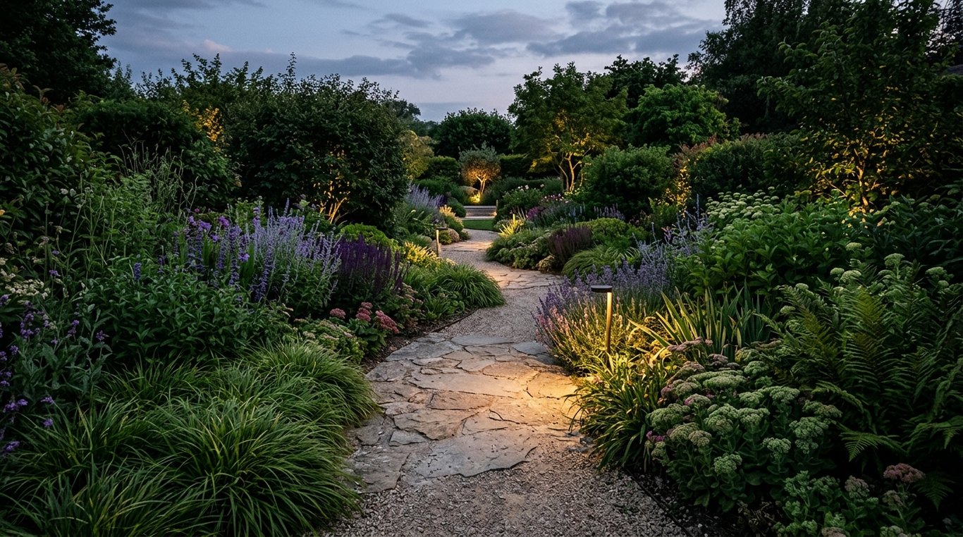 Photo après : terrasses structurées et plantations au dessin maîtrisé.