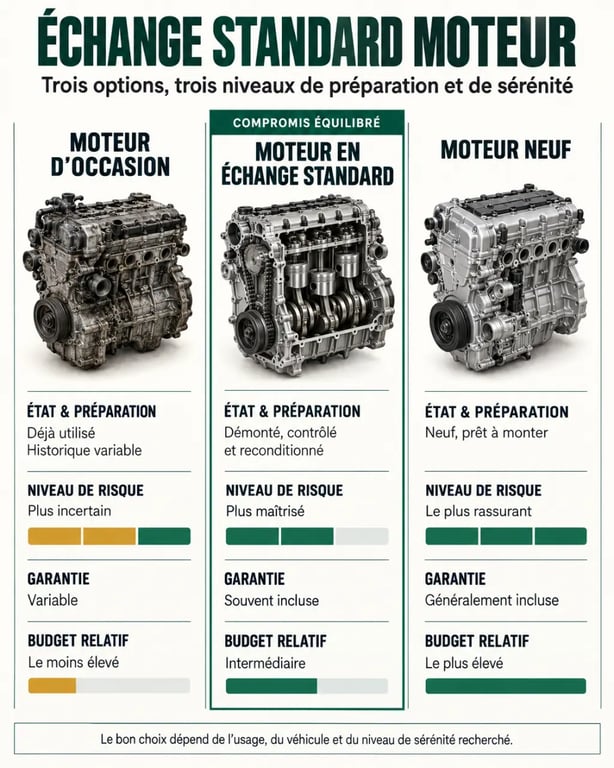 Infographie comparative sur l’échange standard moteur, le moteur d’occasion et le moteur neuf