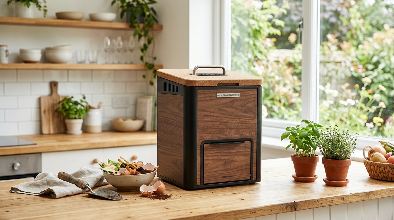 Gros plan sur les détails d'un composteur en céramique mate et bois de chêne
