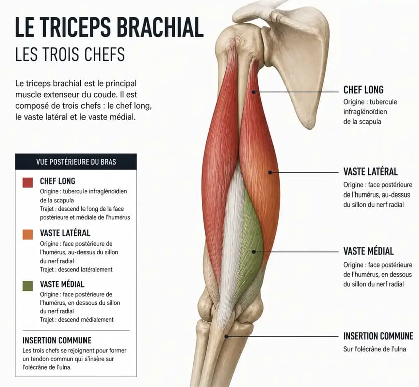 Anatomie des trois chefs du triceps brachial pour l'extension triceps haltères