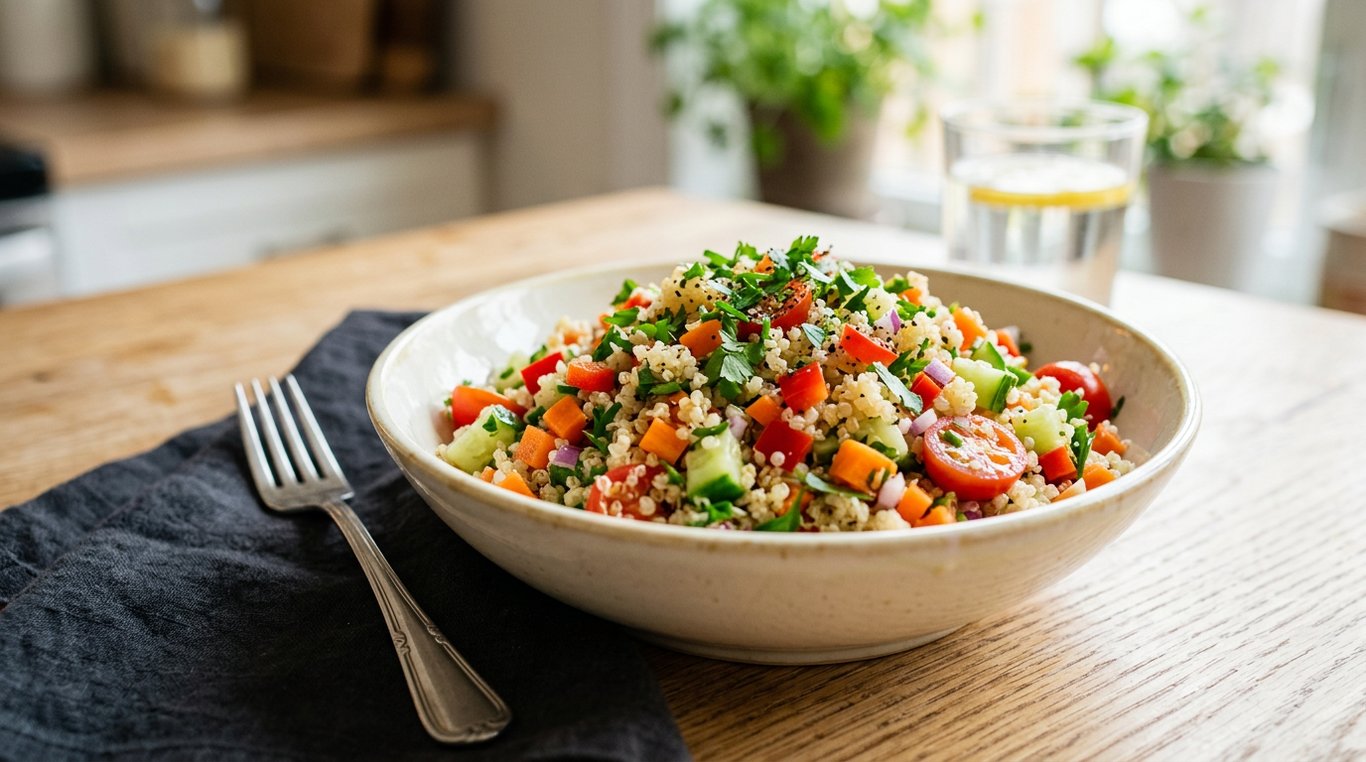 Bol coloré de salade de quinoa aux légumes croquants